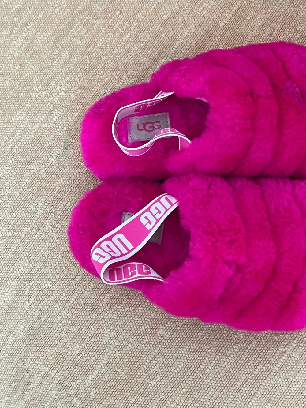 UGG Hot Pink Fluffy Slide Sandals with Branded Heel Strap